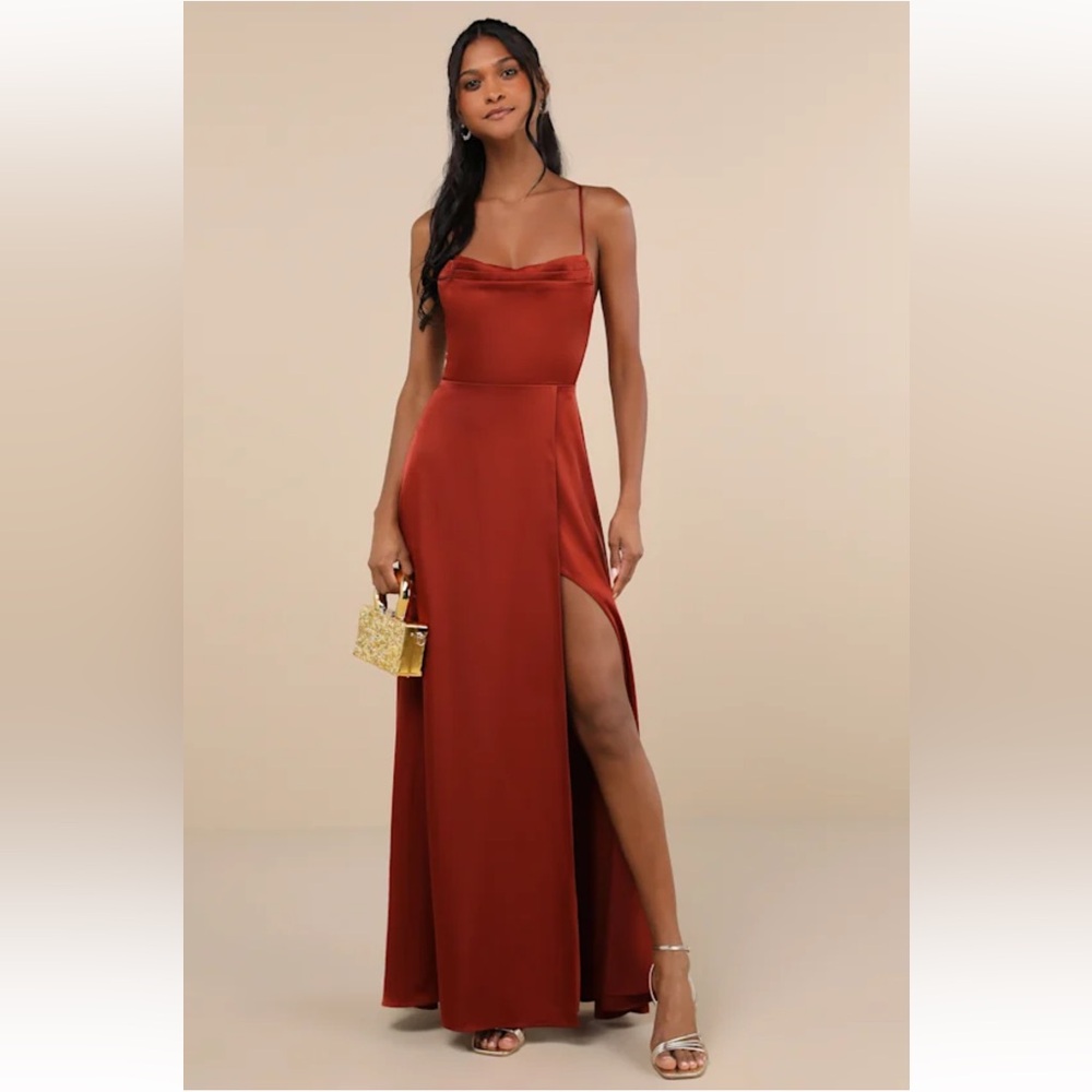 Sold on c u r t s y Rust Orange Satin Silky Lace-Up Backless Maxi Dress